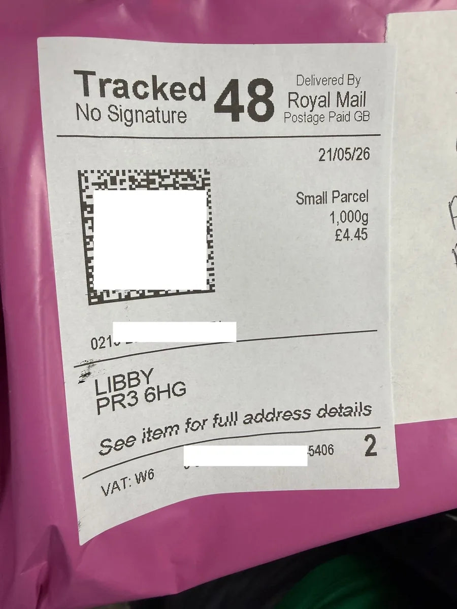 A customer's skincare order packed for Royal Mail delivery in the United Kingdom