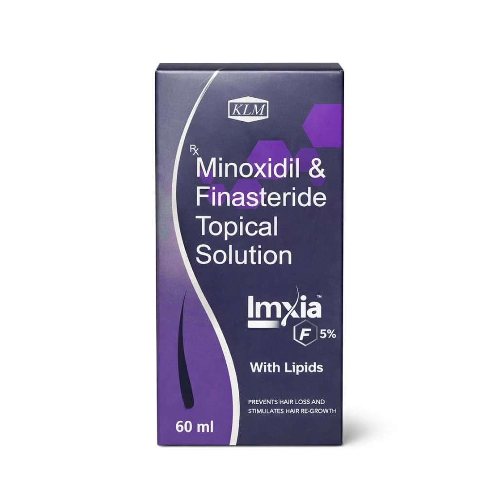 KLM Imxia F5% 60ml bottle and outer box — pharmaceutical-grade combination hair loss therapy UK