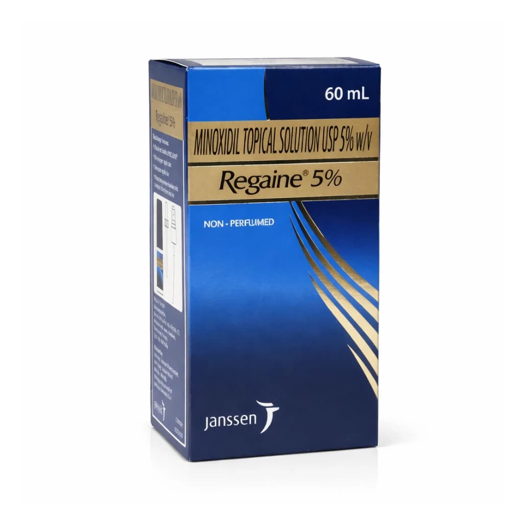 Regaine 60ml bottle and outer box — pharmaceutical-grade minoxidil topical solution UK