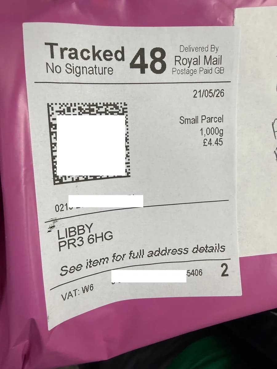 A customer's skincare order packed for Royal Mail delivery in the United Kingdom