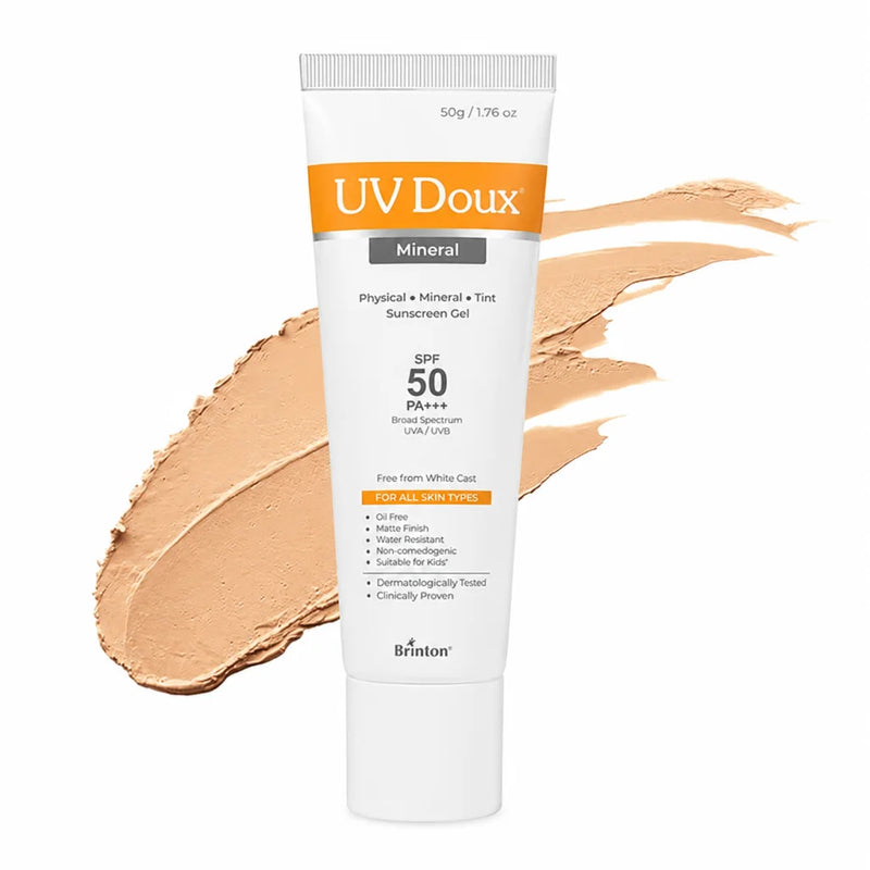UV Doux Mineral Sunscreen Gel SPF 50 PA+++ tube with tinted swatch and matte finish