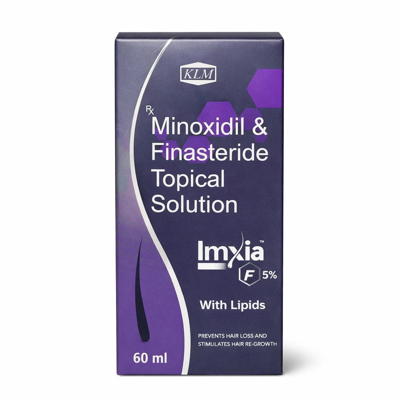 KLM Imxia F5% 60ml bottle and outer box — pharmaceutical-grade combination hair loss therapy UK