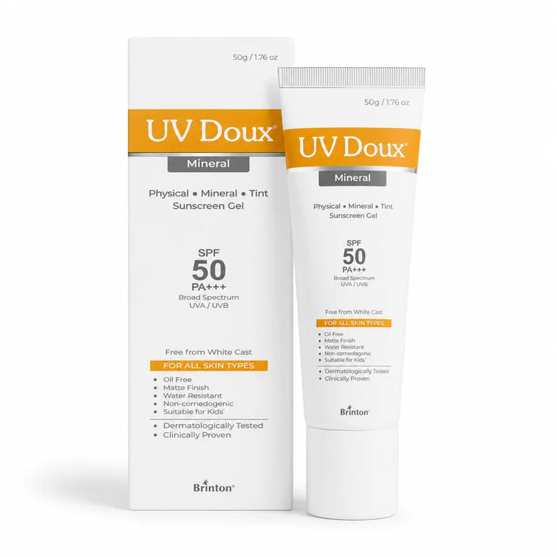 UV Doux Mineral Sunscreen Gel SPF 50 PA+++ 50g box and tube — physical mineral tint