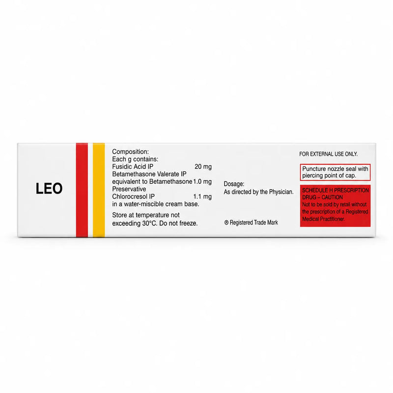 Side packaging of Fucibet Cream 15g showing composition, storage and prescription caution details