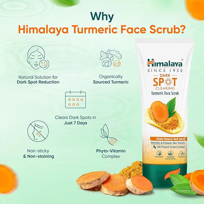 How to use Himalaya Turmeric Face Scrub — apply to moistened face and neck, massage for one minute, visible dark spot results in 7 days