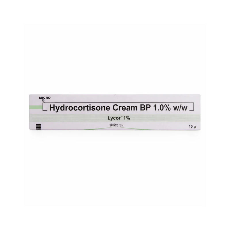 Lycor Hydrocortisone 1% 15g tube and outer box — pharmaceutical-grade mild corticosteroid for itch relief UK