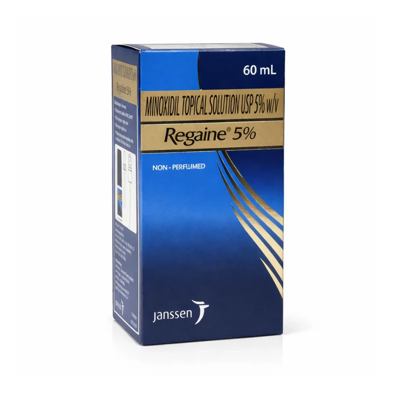 Regaine 60ml bottle and outer box — pharmaceutical-grade minoxidil topical solution UK