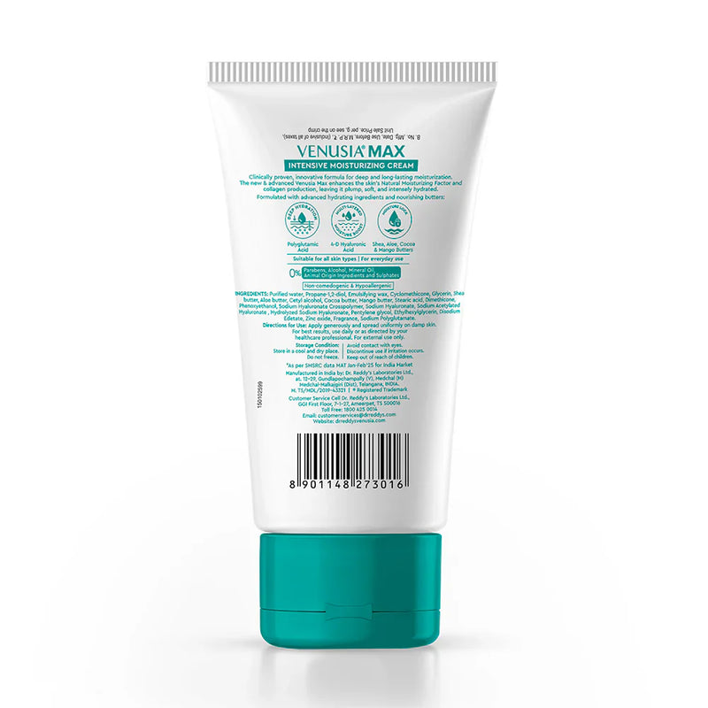 Venusia Max barrier-support moisturiser — non-greasy shea, cocoa, mango, and aloe butter cream for damaged dry skin